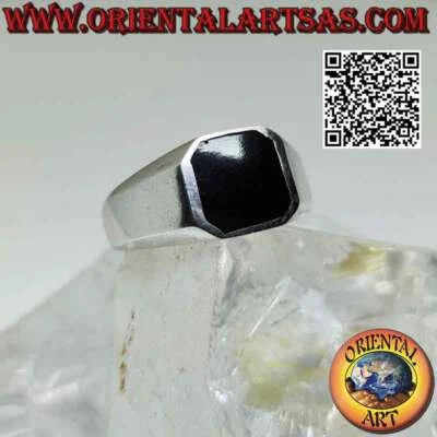 Anello in argento 925 ‰ onice quadrata smussata a filo bordo su montatura liscia - Immagine 1 di 4
