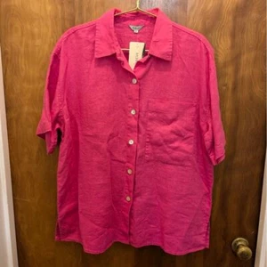 Rails Vibrant Pink Button-Down Shirt Short Sleeve Linen Blend Summer Top Medium - Picture 1 of 10