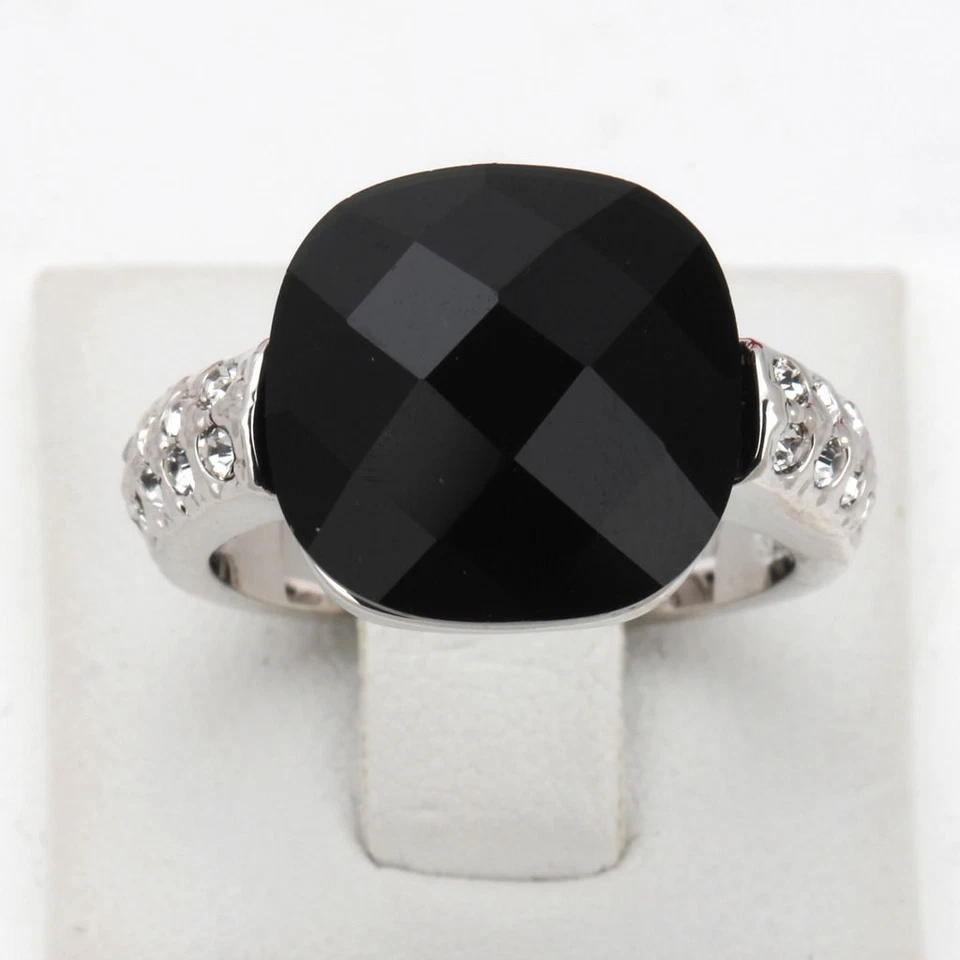 18K White Gold Plated Made With Swarovski Crystal Black Acrylic Vintage Cat Ring Foto 1 de 1