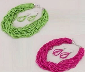 Bright Green or Fuchsia Colorful Seed Beaded Necklace and Earrings Set - Picture 1 of 3