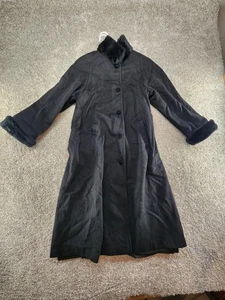 Vtg Cathy-Jo Black Coat  100% Wool M-L Fur Trim Hood USA Long WINTER COAT WHIMSY - Picture 1 of 15