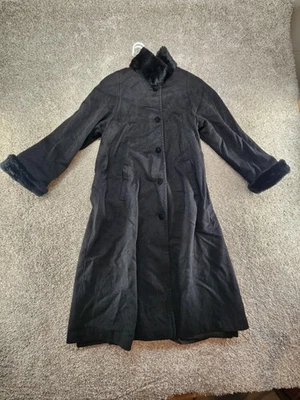 Vtg Cathy-Jo Black Wool Coat 100% M-L Fur Trim Hood USA Long WINTER COAT WHIMSY - Image 1 of 4