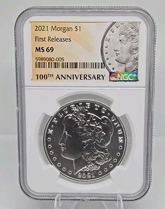 2021 Silver Morgan Dollar First Releases 100th Anniversary NGC MS69 - Picture 1 of 4