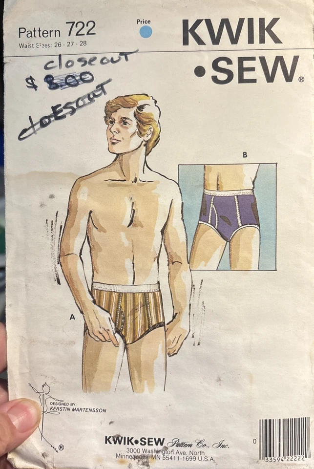 Ropa interior para hombre patrón de costura para calzoncillos 1976 vintage Kwik coser #722 sin abrir Foto 1 de 3