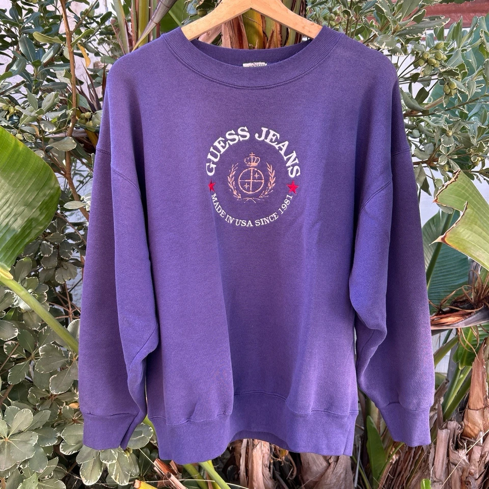 Vintage 1990s Guess Jeans USA Sweatshirt Purple Embroidered Crewneck Large - Image 1 of 3