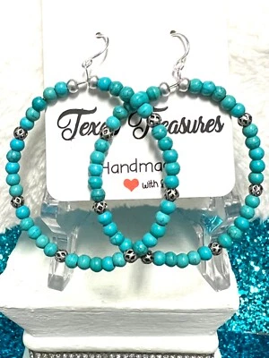 Pendientes de aro redondos rellenos de plata de ley de turquesa y filigrana de 2,5 pulgadas Foto 1 de 3