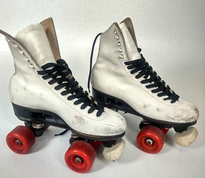 Vtg White Leather Womens 7.5 Riedell 297R Roller Skates Powell WHEELS READ - Picture 1 of 22