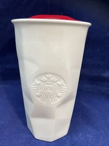 Starbucks Double Wall Faceted White Chiseled Ceramic Tumbler 10 oz Red Lid New - Picture 1 of 6