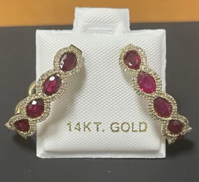 Hoop Earrings 0.38 CT Natural Diamond Natural Ruby 2.02 CT 14K Yellow Gold - Image 1 of 4