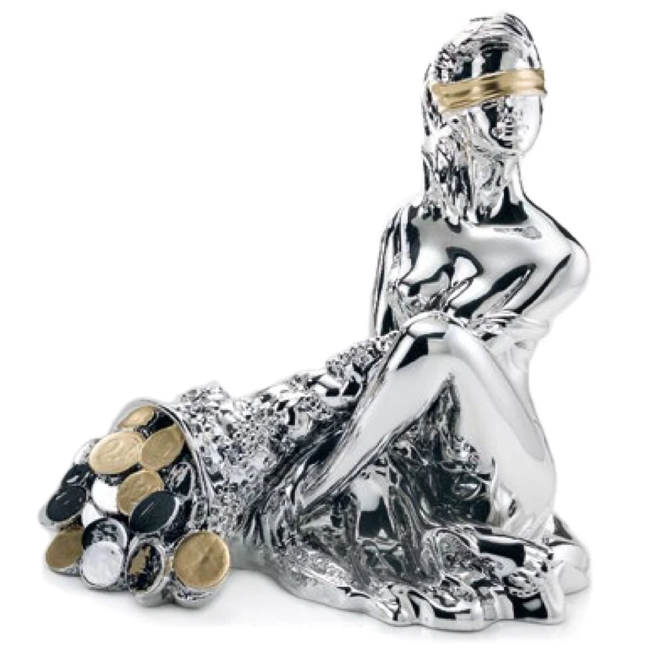 Scultura in Resina Argentata Dea Bendata Seduta con Cornucopia Monete  - Immagine 1 di 1