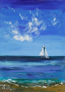 Puerto Rico Oil Painting Beach Original Art Sailboat Artwork Small Seascape - Picture 1 of 14