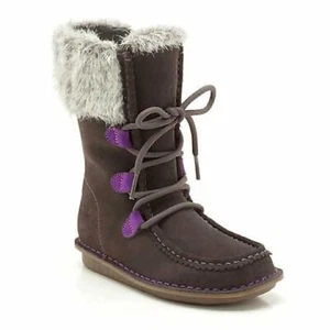 Clarks Girls Snugglewall Tall Suede Zip Lace Up Faux Fur Warm Winter Boots Sz 7 - Picture 1 of 11