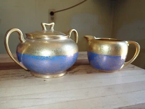 Pickard Etched China 24k Gold Cream PItcher & Sugar Bowl Tillowitz Blue Flowers - Picture 1 of 8