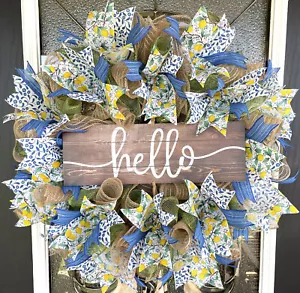 25" Hello Lemons Blue Floral Spring Summer Deco Mesh Wreath Farmhouse Cottage - Picture 1 of 6