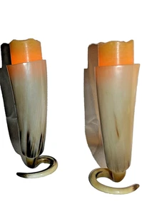 ANTIQUE BULL HORN HAND CRAFTED PAIR (2) CANDLES  HOLDERS - Picture 1 of 8