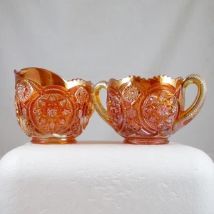 IMPERIAL SNOW FANCY MARIGOLD CARNIVAL GLASS CREAM & SUGAR SET - Picture 1 of 9