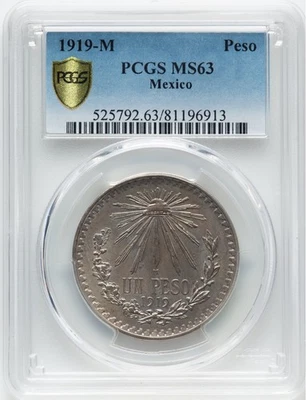 MEXICO ESTADOS UNIDOS 1919  1 PESO SILVER COIN, PCGS CERTIFIED UNCIRCULATED MS63 - Image 1 of 4