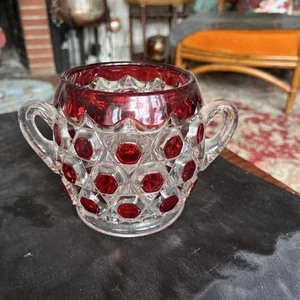 RUBY RED FLASHED DOUBLE HANDLED BLOCKED HEXAGON SUGAR BOWL U.S. GLASS 1890'S - Picture 1 of 10