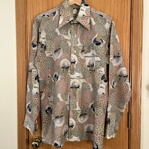 Camisa Discoteca Vintage Años 70 JP2 Bardon Lg 16-16.5 Verde Marrón Estampado Corea Poliéster - Imagen 1 de 18