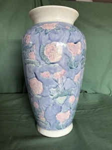 Vintage Old China Chinese blue White pink Floral   Vase  13.5" tall Handmade - Picture 1 of 7