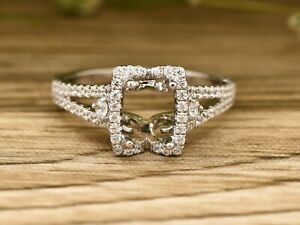 14K White Gold 7x5mm Emerald Cut Diamonds Engagement Rng, Halo Ring, Semi Mount