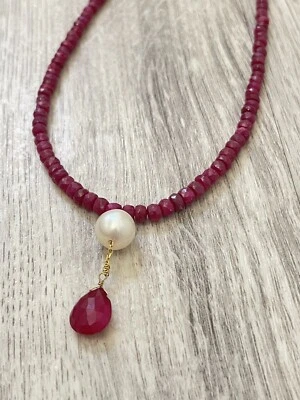 Estate Natural Ruby & Pearl 10k Yellow Gold Strand Beaded Drop Jewel Necklace - Image 1 of 4
