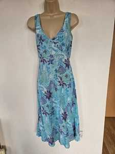 EAST Teal Blue & Purple FLORAL 100% SILK Chiffon Sleeveless MIDI DRESS UK 10 Tie - Picture 1 of 24