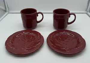 Longaberger Keramik 2er Set Paprika rot geprägt Korbgeflecht Tassen und 2 Teller - Bild 1 von 15