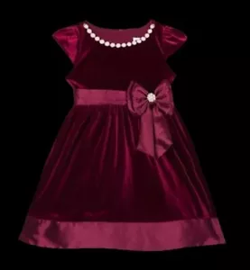 RARE EDITIONS Toddler Girls Burgundy Velvet Fit Flare Dress with Taffeta Bow $74 - Picture 1 of 9