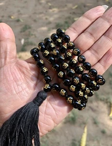 Om Aum Jaap Japa Mala Rosary, 8 mm Black Beads Golden Om, 40 inch  Free Ship - Picture 1 of 5
