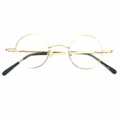 BETSION 37mm Vintage Round Eyeglass Frames Gold Glasses Full Rim Spring Hinges Rx able