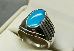 Anello Uomo Naturale 6 Ct Neshapuri Feroza Argento Sterling 925 Turchese Fatto a Mano - Foto 1 di 12