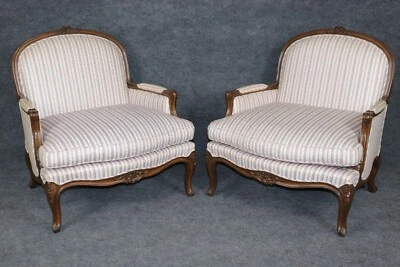 Low Slung Pair Carved Walnut French Carved Louis XV Bergere Chairs - Image 1 of 4