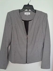 Women's Houndstooth Zip-Up Jacket Black White Size 12 Blazer Calvin Klein - Picture 1 of 11