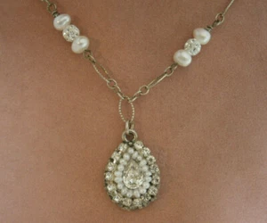 Kleinfeld Teardrop Pave Crystal Rhinestones Pearls Silver Filigree Necklace - Picture 1 of 4