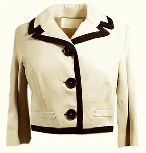 1950s Beige Silk Jacket, Black Silk Piping, Covered Buttons by Bergdorf Goodman - Picture 1 of 10
