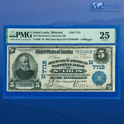 1902 DB $5 The Mechanics American NB of St.Louis, MO, Charter #7715, PMG VF 25 - Image 1 of 3