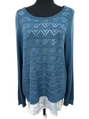 APT. 9 SZ XL Country Blue Open Weave Sweater Top Faux Under Blouse - Image 1 of 4