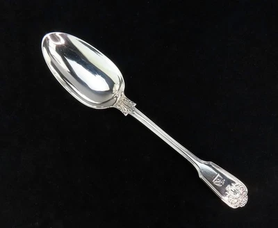 1854 Fiddle Shell Thread English Sterling Silver Serving Spoon Eagle Crest 9in - Image 1 of 4