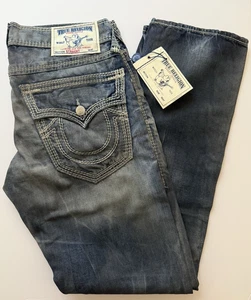 $348 NWT TRUE RELIGION Sz33 STRAIGHT W/FLAP NATURAL MEGA T JEANS CXVD LANTERN - Picture 1 of 22