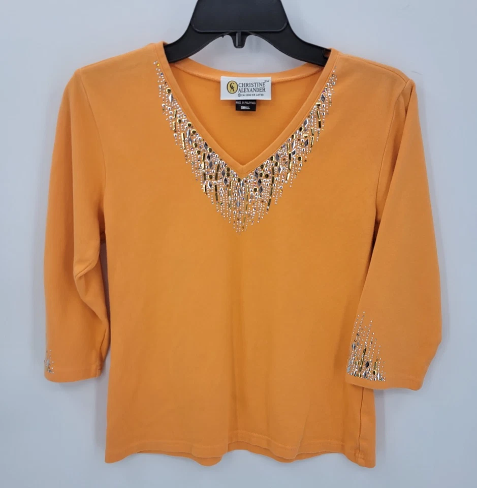 Top Christine Alexander para mujer pequeño naranja escote con cuentas cuello en V manga 3/4 Foto 1 de 4