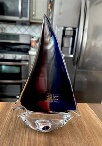 Vintage Murano Glass Rubelli Colbalt Blue And Red Glass Sailboat Sculpture 9” - Picture 1 of 6