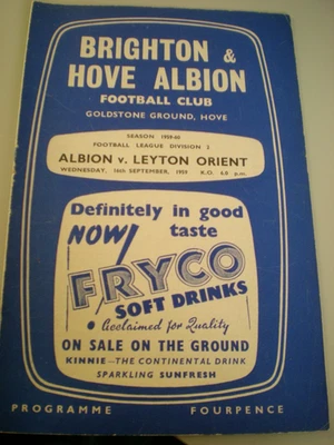 BRIGHTON & HOVE ALBION v LEYTON ORIENT, 16th SEPT 59, NO WRITING, STAPLE REMOVED - Image 1 of 2