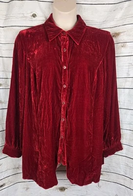 Top túnica Coldwater Creek rojo terciopelo aplastado 3X seda rayón abotonada Foto 1 de 4