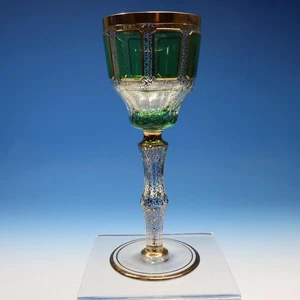 Bohemian Moser Art Glass Cabochon Green Gold Encrusted - 8¼" Crystal Wine Goblet - Picture 1 of 5