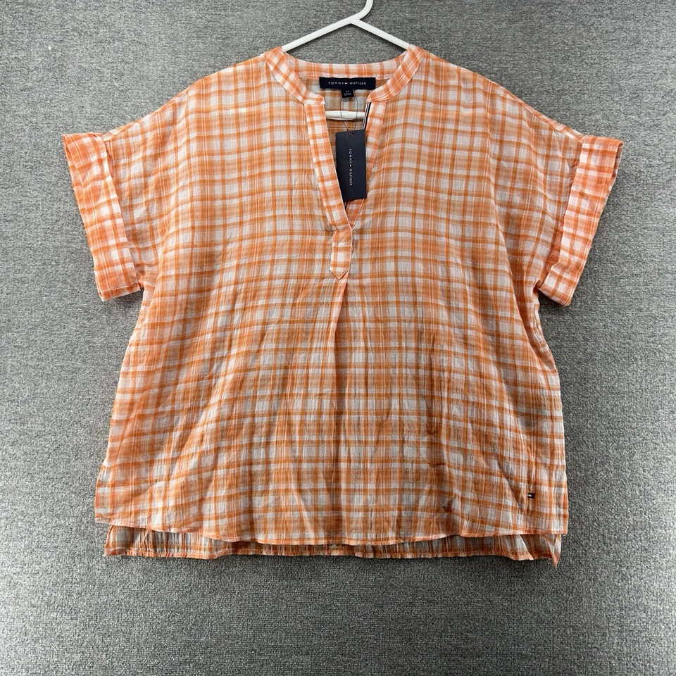 Tommy Hilfiger Blouse Women Size Small Orange Plaid Cap Sleeve NEW - Image 1 of 4