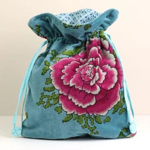POM Velvet Botanical Drawstring Travel Bag Turquoise - Picture 1 of 3