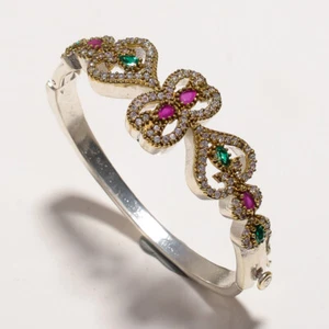 PINK RUBY & GREEN ONYX GEMSTONE 925 SILVER HANDMADE TURKISH BANGLE - Picture 1 of 1