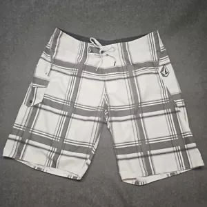 Volcom Board Shorts Men 38 White Gray Plaid Drawstring Pocket Cinch Fly Swim - Picture 1 of 6