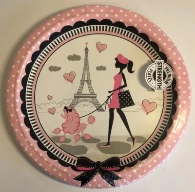 Paris Birthday Party Luncheon Plates Eiffel Tower Pink Poodle Beret Dots 8pack - Image 1 of 4